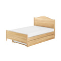 Light oak single bed frame with curved headboard and built-in underbed storage, white mattress