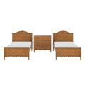 Pair of solid wood twin beds with matching wooden dresser between them, traditional bedroom furniture set in natural finish