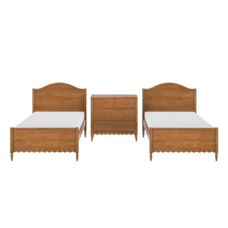 Pair of solid wood twin beds with matching wooden dresser between them, traditional bedroom furniture set in natural finish