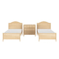 Light wood twin bed set with white mattresses and matching three-drawer nightstand on white background