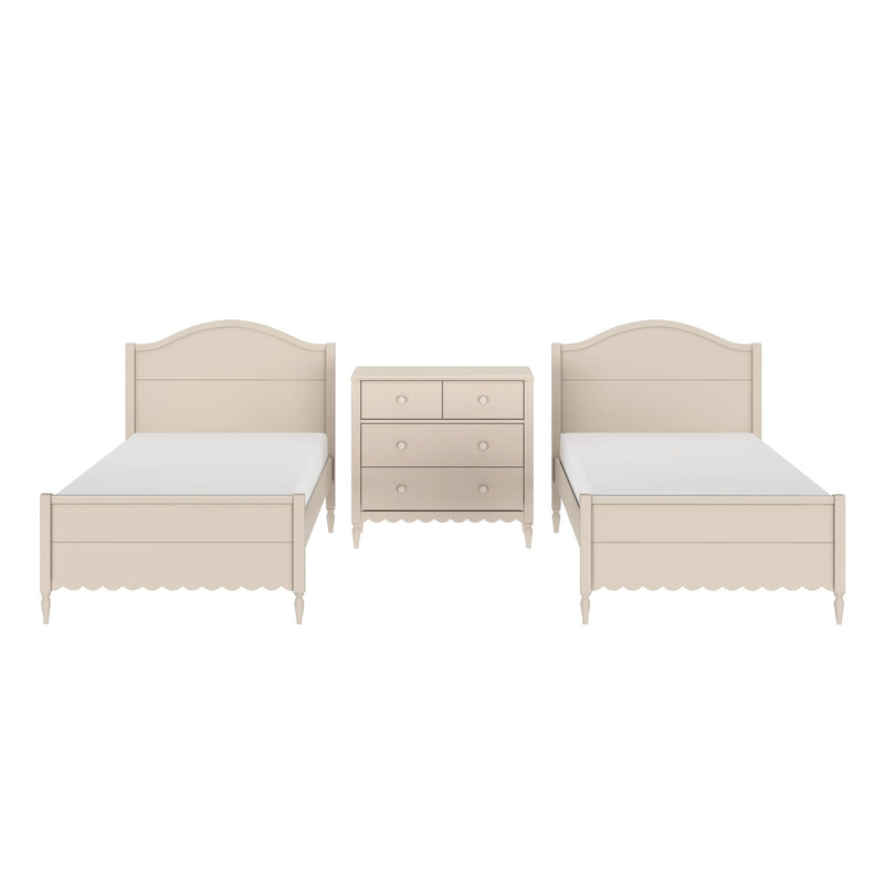 Beige wooden twin beds with scalloped headboards and matching three-drawer dresser in classic kids' bedroom set