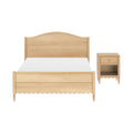 Light natural wood bed frame with arched headboard, scalloped footboard and turned legs beside a matching single-drawer nightstand with open shelf