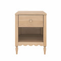 Light wood bedside table nightstand with single drawer and open shelf, turned legs and scalloped apron in natural finish