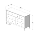Assembly diagram of an eight-drawer dresser, 56 in wide x 33 in high x 18 in deep (142cm x 85cm x 46cm), turned legs and scalloped apron.