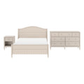Beige farmhouse-style wooden bedroom furniture set with arched headboard bed, matching nightstand, and six-drawer dresser on white background