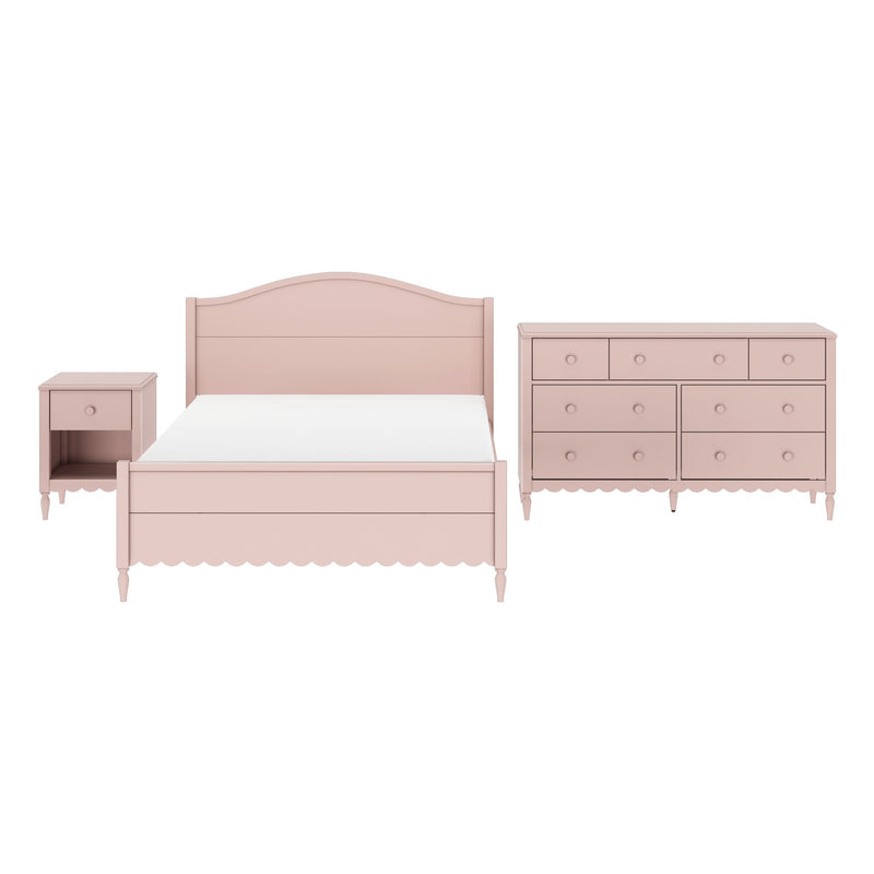 Pink bedroom furniture set with scalloped wooden bed headboard, matching nightstand and six-drawer dresser in shabby chic style on white background
