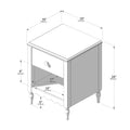 Dimensioned line drawing of a wooden bedside nightstand with one drawer, open lower shelf and turned legs, annotated with measurements in inches and centimeters for height, width and shelf depth