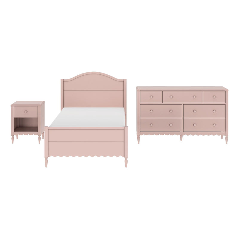 Blush pink wooden bedroom furniture set: twin bed with scalloped headboard, matching nightstand and six-drawer dresser