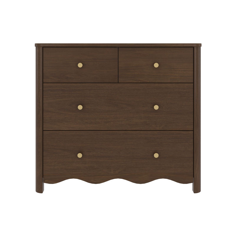 Dark brown wooden 4-drawer dresser with round brass knobs and scalloped base, bedroom storage chest on white background