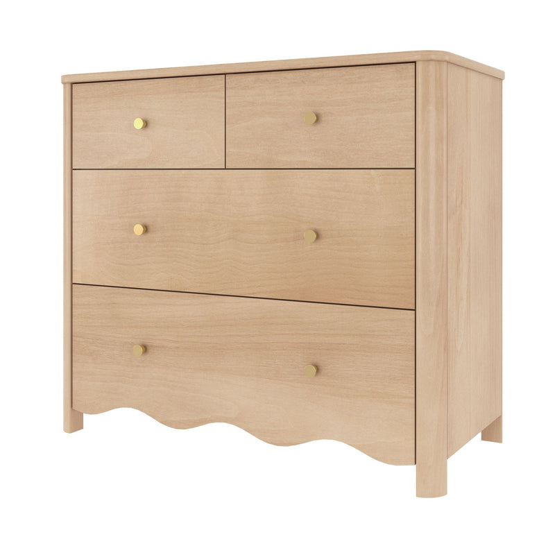 Natural maple 4-drawer dresser with gold knobs and scalloped base, light wood nursery or bedroom chest