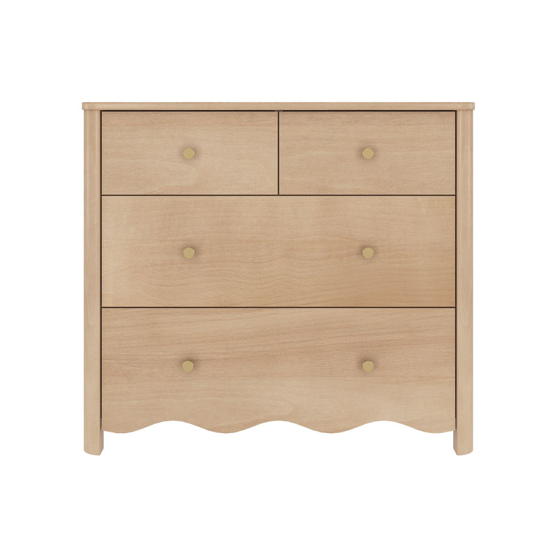 Light natural wood 4-drawer dresser with brass knobs and scalloped bottom edge — nursery or bedroom chest for modern farmhouse decor