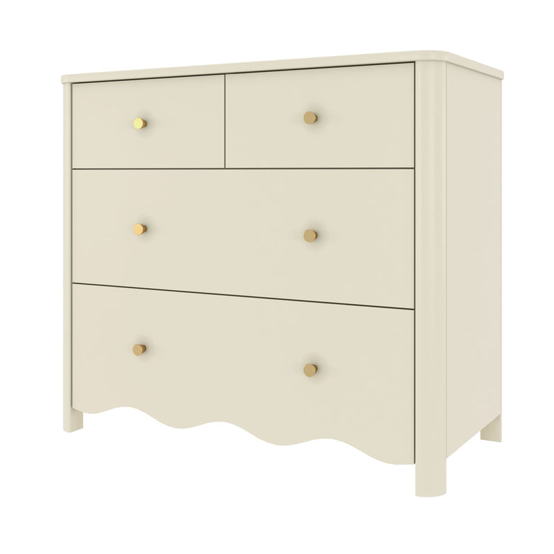 Cream cottage-style 4-drawer wooden dresser with gold knobs and scalloped apron, ideal nursery or bedroom storage