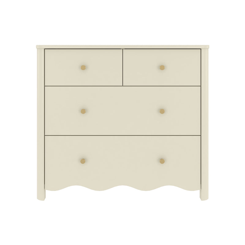 Cream wooden 4-drawer dresser with two small top drawers and two large lower drawers, brass knobs and scalloped base, nursery and bedroom storage