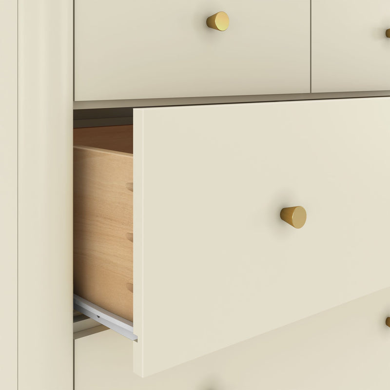 Cream modern dresser with gold knobs and a partially open wooden drawer revealing metal drawer slide, bedroom storage furniture