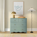 Modern coastal bedroom decor: mint teal dresser with gold table lamp, woven basket and framed minimalist shaka hand wall art