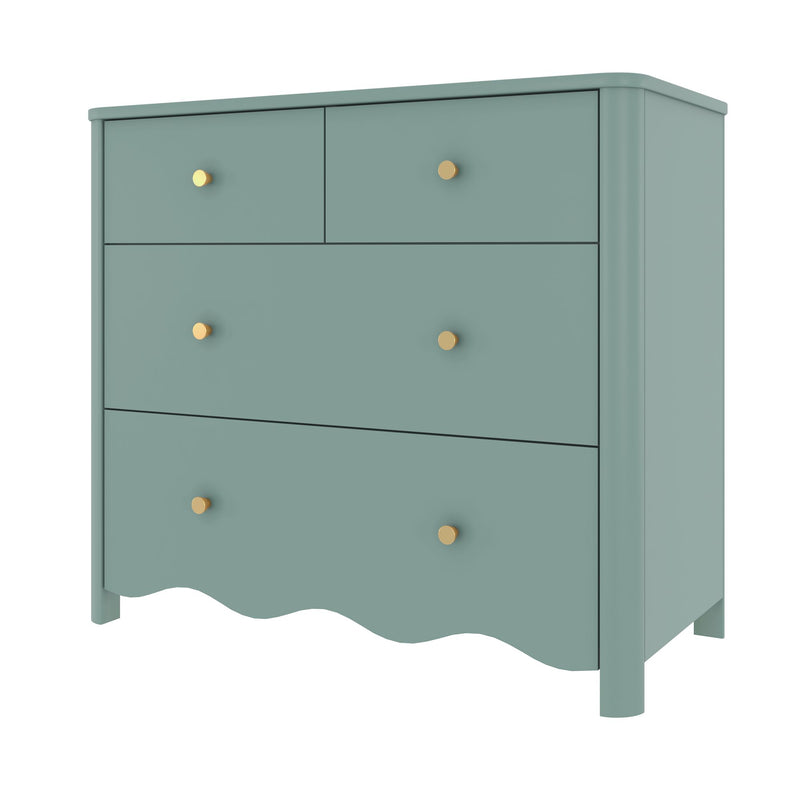 Teal painted four-drawer dresser with two small top drawers, two large lower drawers, brass round knobs and scalloped base, modern bedroom or nursery storage