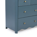 Matte teal-blue wooden dresser with brass cone knobs and scalloped base, modern chest of drawers for bedroom storage