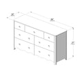 7-drawer bedroom dresser dimensions diagram — 56 in x 18 in x 31 in (142 x 46 x 79 cm) line drawing showing scalloped skirt, rounded top corners and round drawer knobs