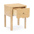 Light wood nightstand with single pull-out drawer, round brass knob and scalloped apron — natural-finish bedside table