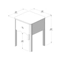 Bedside nightstand with single drawer and scalloped apron, product dimensions diagram showing 18 in x 19 in (46 x 47 cm) tabletop, 24 in (61 cm) overall height, and 14 in (34 cm) clearance beneath drawer.