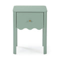 Mint green painted wooden bedside table with single drawer, round brass knob and scalloped apron — small accent nightstand