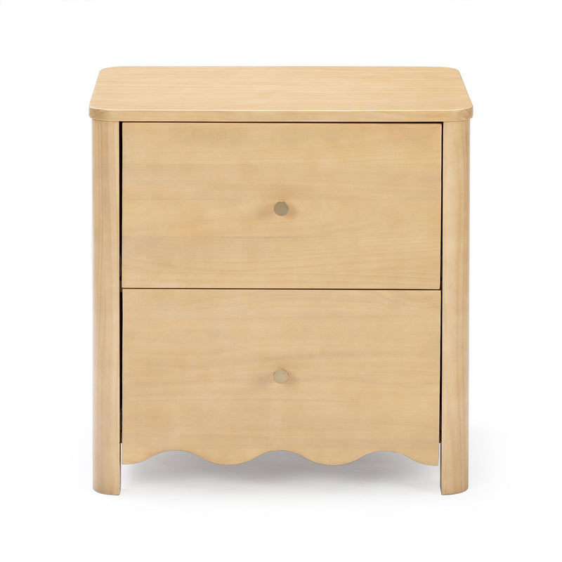 Light wood three-drawer nightstand bedside table with round metal knobs and scalloped apron, modern minimalist bedroom furniture