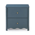 Blue painted wood two-drawer nightstand with brass knobs, scalloped apron and rounded corners, modern bedside table