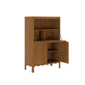 Light brown wooden secretary cabinet with drop-front desk, interior cubby storage, built-in power outlet, scalloped trim and slim legs
