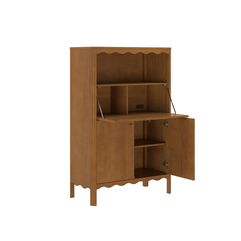 Light brown wooden secretary cabinet with drop-front desk, interior cubby storage, built-in power outlet, scalloped trim and slim legs