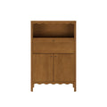 Tall brown wooden storage cabinet with open shelf, drop-front drawer, double-door cupboard and scalloped trim