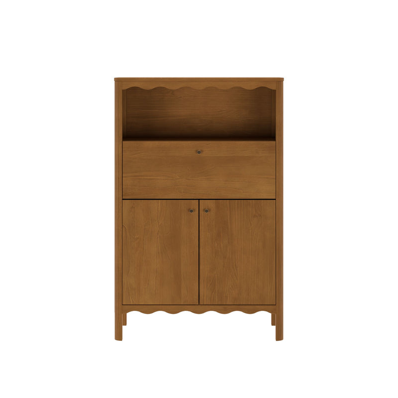 Tall brown wooden storage cabinet with open shelf, drop-front drawer, double-door cupboard and scalloped trim