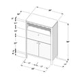 Line-drawing assembly diagram of a tall shoe cabinet storage unit with labeled measurements — 58‑inch tall, 34‑inch wide, 15‑inch deep — showing top shelf, pull‑down shoe drawer, lower cabinet doors and internal shelf spacing.