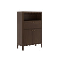 Tall dark walnut storage cabinet with scalloped trim, open shelf, brass knobs and lower double-door cupboard