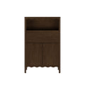Dark walnut tall storage cabinet with open shelf, drop-front drawer, scalloped trim and two-door lower cabinet