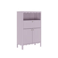 Lavender painted wood cabinet with scalloped trim, open display shelf, drop-front drawer and double-door lower storage with brass-tone knobs