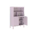 Pastel pink secretary desk with drop-down work surface, storage cubbies, built-in power outlet and scalloped trim