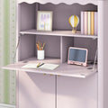 Pastel pink children's drop-down desk with notebook, pencil cup, tablet, pastel books, framed flower print and toy balloon