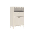 Cream freestanding storage cabinet with scalloped trim, open shelf, drawer and double-door lower cabinet for bedroom or bathroom