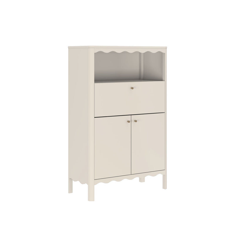 Cream freestanding storage cabinet with scalloped trim, open shelf, drawer and double-door lower cabinet for bedroom or bathroom