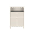 Cream wooden storage cabinet with open shelf, drop-front drawer, double-door lower cabinet and scalloped trim — farmhouse bedroom organizer