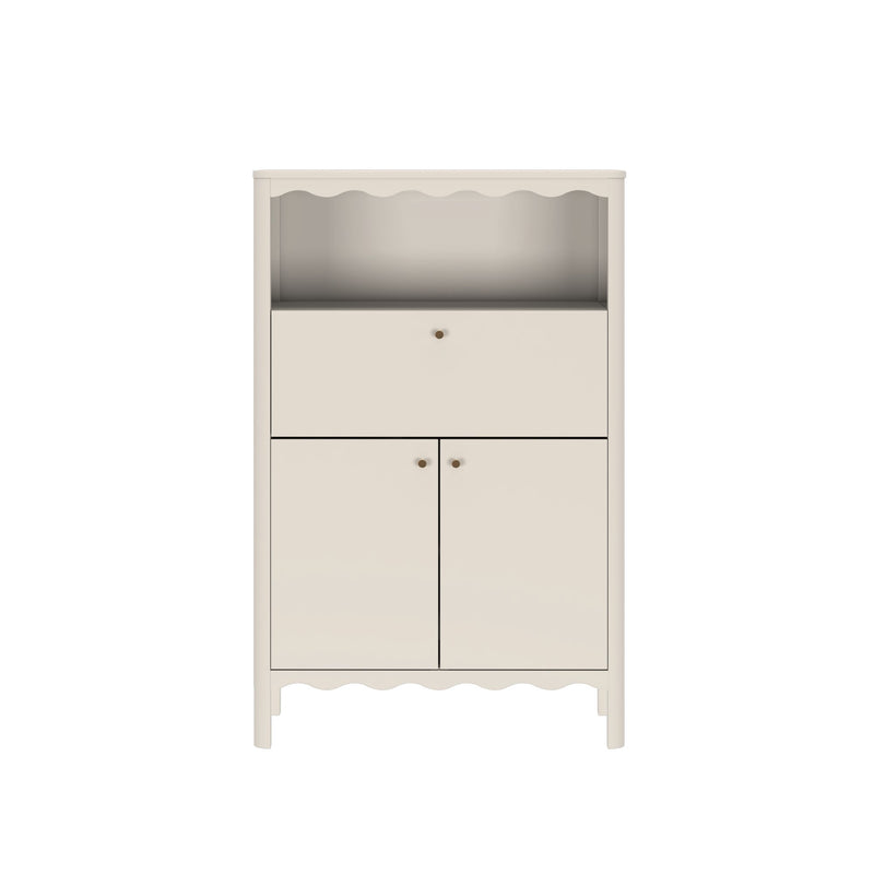 Cream wooden storage cabinet with open shelf, drop-front drawer, double-door lower cabinet and scalloped trim — farmhouse bedroom organizer