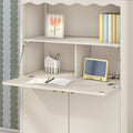 White wall-mounted children's study desk with fold-down workspace, open notebook and pencil, yellow tablet stand, framed tulip art and pastel-colored books on shelf — organized kids homework and craft nook