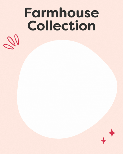 Farmhouse decor collection advertisement with pastel pink background and decorative accents.