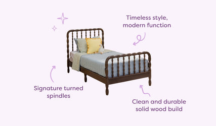 Solid wood twin bed frame with signature turned spindle headboard and footboard, light blue quilt and yellow pillow — durable children's bed with timeless style and modern function.