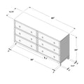 Isometric line drawing of a six-drawer dresser with dimensions labeled (60 in top length, 56 in width, 34 in height, 15.75 in depth) showing drawer fronts, knobs and leg clearance — furniture dimensions diagram for room planning