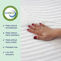CertiPUR‑US certified white memory foam mattress topper with hand pressing to show softness; phthalate‑free, low VOC, made without formaldehyde, flame retardants or heavy metals.