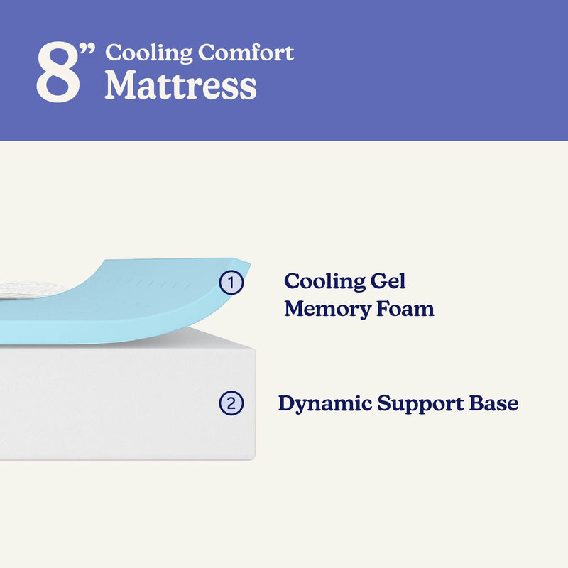 8-inch Cooling Comfort mattress with cooling gel memory foam top and dynamic support base, breathable pressure-relief mattress for hot sleepers