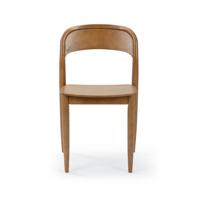 Mid-century modern solid oak dining chair with curved backrest, contoured seat and tapered legs on white background