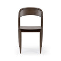 Front view of dark brown solid wood dining chair with curved backrest and tapered legs on a white background, mid-century modern style