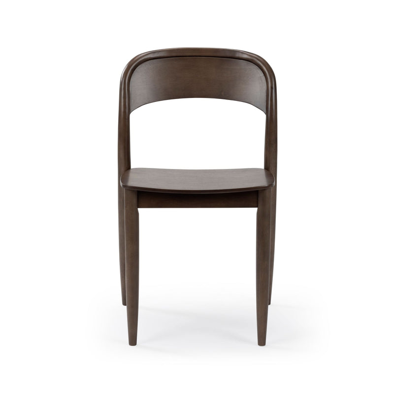 Front view of dark brown solid wood dining chair with curved backrest and tapered legs on a white background, mid-century modern style